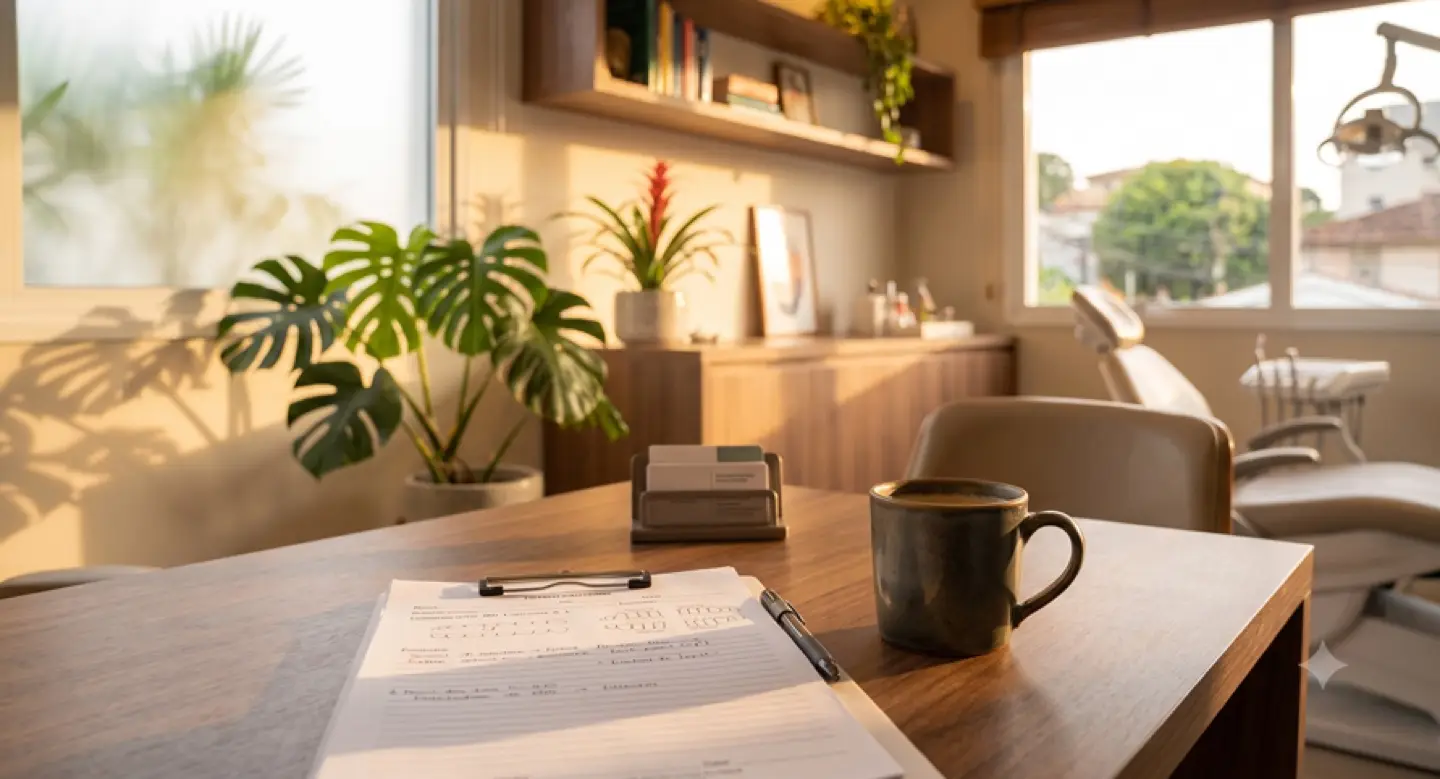 Consultório odontológico com luz da tarde, mesa de atendimento e cadeira ao fundo